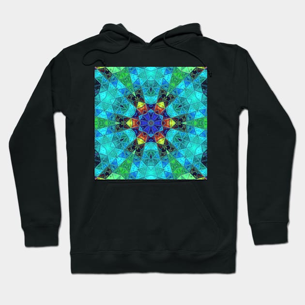 Mosaic Kaleidoscope Flower Blue Green and Yellow Hoodie by WormholeOrbital